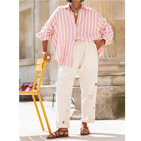 Pink with White Stripes Oversized Button Down Shirt Long Sleeve - Picture 2 of 9